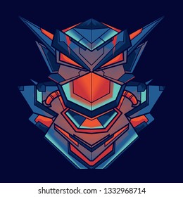 Illustration of a robot head with a beautiful combination of bright blue and red with an ornament