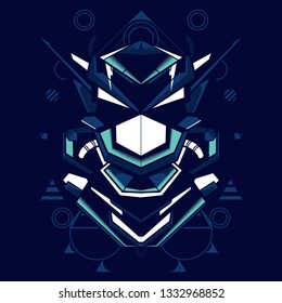 Illustration of a robot head with a beautiful combination of bright blue and white with an ornament of sacred geometry