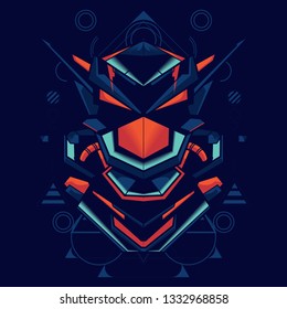 Illustration of a robot head with a beautiful combination of bright blue and red with an ornament of sacred geometry