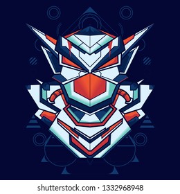 Illustration of a robot head with a beautiful combination of bright white and red with an ornament of sacred geometry