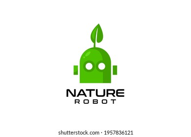 ilustración de una cabeza de robot con una hoja en la parte superior. la tecnología cumple con la plantilla vectorial del logotipo de naturaleza.