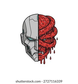 Ilustração de uma cabeça de robô com uma metade metálica e a outra metade de um monstro orgânico com tentáculos e sangue gotejando.