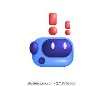 Ilustración de una cabeza de robot con un signo de exclamación rojo. Concepto de error de IA, un problema o mal funcionamiento en la inteligencia artificial. Error detectado. Advertencia y notificación. Problema de Tecnología. Diseño de estilo 3D. Símbolo, fondo blanco