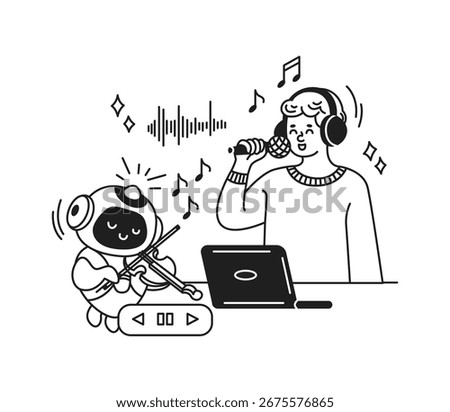 Illustration of a robot and human making music in harmony. The robot plays a violin, while the human sings into a microphone. Black and white art symbolizes futuristic collaboration.