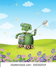 illustration of robot and kids in nature