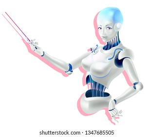 Illustration of a robot lecturer or cyborg teacher with a pointer. Humanoid female Android with artificial intelligence holding pointer in hand. Vector illustration in realistic 3D style.