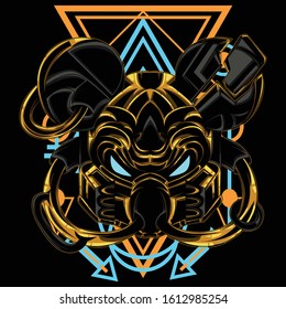 illustration of a robot mouse with a sacred geometry background and gold color