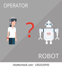 Illustration of robot and operator flat design character composition with technical support. Robot character. Online support. Choose