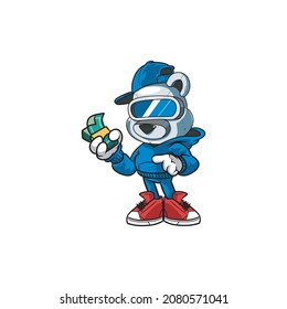 Illustration of a robot panda. vector panda in a robot style with clothes and holding money. Vector cartoon style for t-shirt, sticker, web or character designs