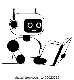 Illustration of robot reading a book. 