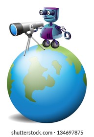 Illustration of a robot with a telescope above the planet earth on a white background