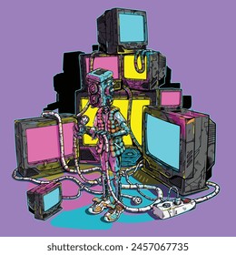 an illustration of a robot that is seen trying to connect cables and is surrounded by several old TVs