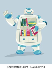 Illustration eines Roboters, der seine Hand mit Büchern innerhalb einer mobilen Bibliothek schwenkt