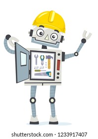 Illustration Of A Robot Waving And Showing Construction Tools From Hammer, Wrench, Screw Driver And Saw