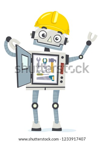 Illustration of a Robot Waving and Showing Construction Tools from Hammer, Wrench, Screw Driver and Saw