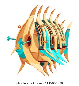 Illustration of a robot-fish with yellow and turquoise metal parts and levers. Round hollow fish robot. Exotic metal fish for a mascot. Robot-fish for a logotype. Funky metal robot for icon.