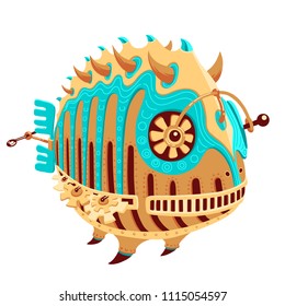 Illustration of a robot-fish with yellow and turquoise metal parts and a propeller. Round hollow fish robot. Exotic metal fish for a mascot. Robot-fish for a logotype. Funky metal robot for icon.