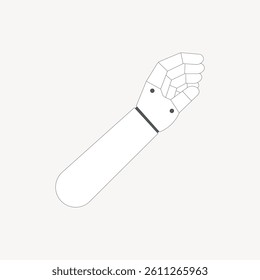 Illustration of a robotic arm with a segmented design, featuring a mechanical hand. The robotic arm is depicted in a minimalist, black and white style. Arm illustration, isolated vector.