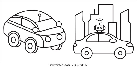 Ilustração de carros robóticos em um cenário urbano com edifícios.