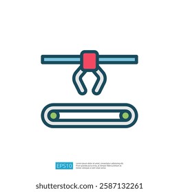 An illustration of a robotic claw grasping an object on a conveyor belt, symbolizing automation and industrial processes.