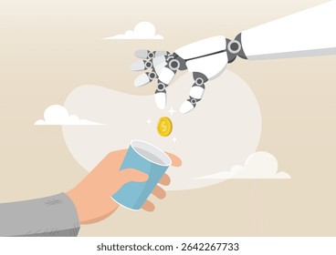 An illustration of a robotic hand dropping a gold coin into a paper cup held by a human hand, symbolizing financial assistance or basic income provided by automation