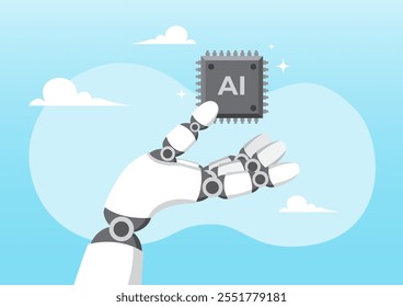 Ilustração de chip de processador de mão robótica com a palavra AI. Inteligência artificial generativa para gerar saída ou responder a pergunta em chat automático, conceito de tecnologia de aprendizagem de máquina