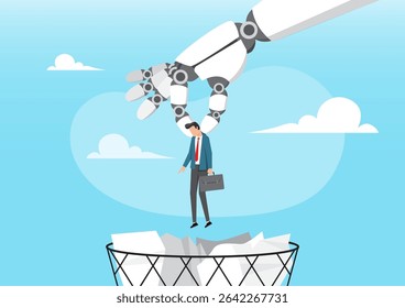 An illustration of a robotic hand picking up a sad businessman and dropping him into a trash bin, symbolizing job displacement due to automation and AI
