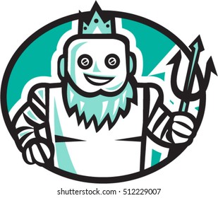 Illustration of a robotic poseidon holding trident facing front set inside oval shape on isolated background done in retro style. 