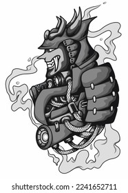 illustration of a robotic samurai logo with smoke around it