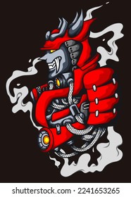 illustration of a robotic samurai logo with smoke around it