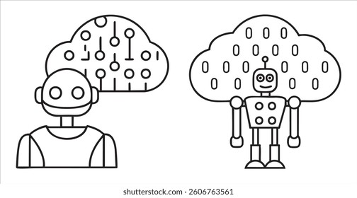 Illustration von Robotern mit digitalen Denkmustern über dem Kopf.