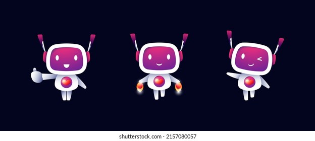 Illustration of robots on a black background. Thumb up, robot takeoff and handshake. Cute robots with gradient