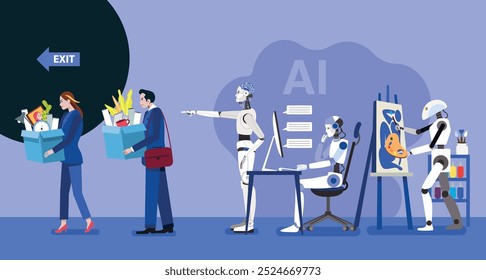 Ilustración de robots realizando trabajos creativos mientras un supervisor de robots despide trabajadores humanos, que se alejan abatidos. La obra de arte transmite la creciente influencia de la IA y la automatización en el mercado laboral.
