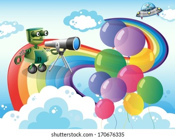 Ilustración de los robots en el cielo con un arco iris y globos