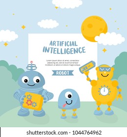 Illustration with robots and tools. Funny friendly cyborgs. Space theme. Artificial intelligence. Place for your text.