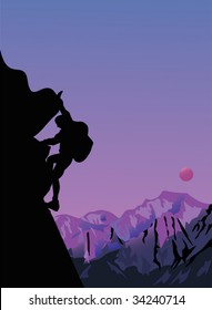 illustration with rock climber at sunset