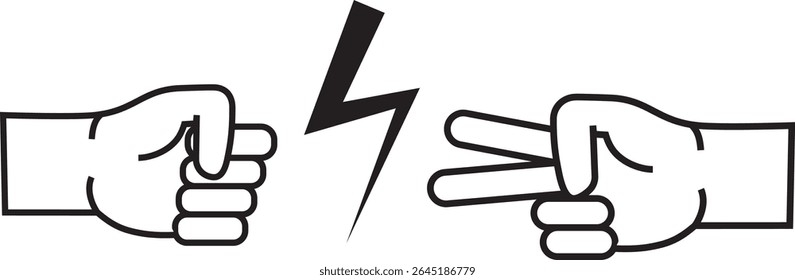 Illustration of rock crushing scissors, with a lightning bolt between the hands. The image is likely a reference to the game rock, paper, scissors.