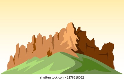 illustration of a rock hill with grasslands below