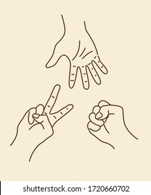 Illustration of rock paper and scissor hand sign game