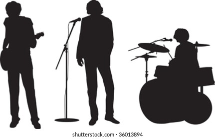 illustration of a rock or pop band with guitar, drums and singer