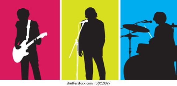 illustration of a rock or pop band with guitar, drums and singer