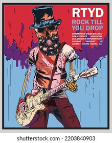 Ilustración del esqueleto de rock and roll, cráneo, sosteniendo una guitarra tocando música, usando camiseta y pantalón, frente al fondo abstracto.