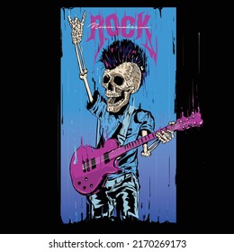 Illustration of a rock and roll skull, on a gradient back ground, holding a electric guitar,  with nice typography.