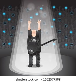 Illustration of a rock singer showing off a horn gesture on an isolated background. Vector image ESP 10