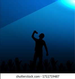 Illustration Of A Rock Star Performing At A Music Concert. The Silhouette Of A Man Singing With A Microphone And The Hands Of The Audience. Singer Of Pop Music, Country Music.Stock Vector Illustration