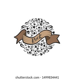 Illustration of rock text in a circle made of elements. Hand drawn background isolated.