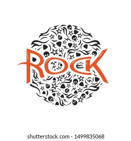 Illustration of rock text in a circle made of elements. Hand drawn background isolated.