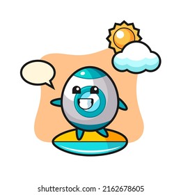 Illustration of rocket cartoon do surfing on the beach , cute style design for t shirt, sticker, logo element