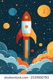 Illustration of a rocket flying into space, with a colorful concept suitable for children's posters.