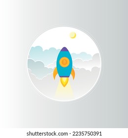 Illustration of rocket flying over clouds with bitcoin icon. Concept of Crypto-currency. Rocket flying to the moon with bitcoin icon. Crypto currency hype vector illustration.